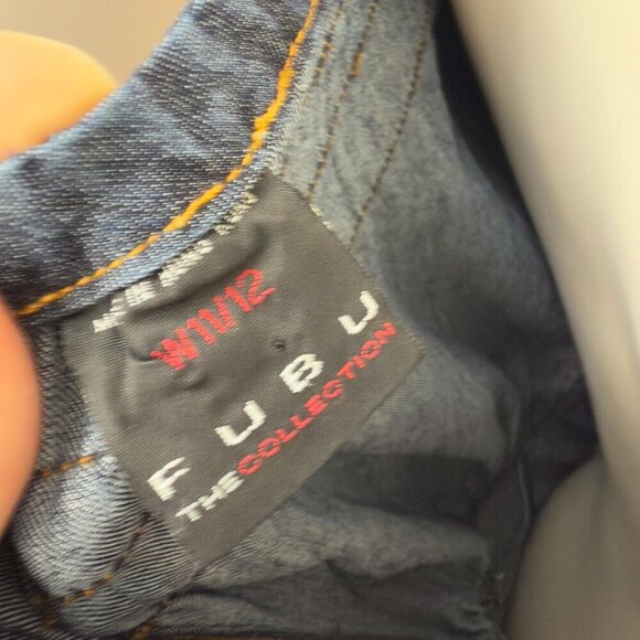 FUBU Denim Corset Waist Puff Off Shoulders Straight leg Stretch Jumpsuit sz XL L - Picture 6 of 11